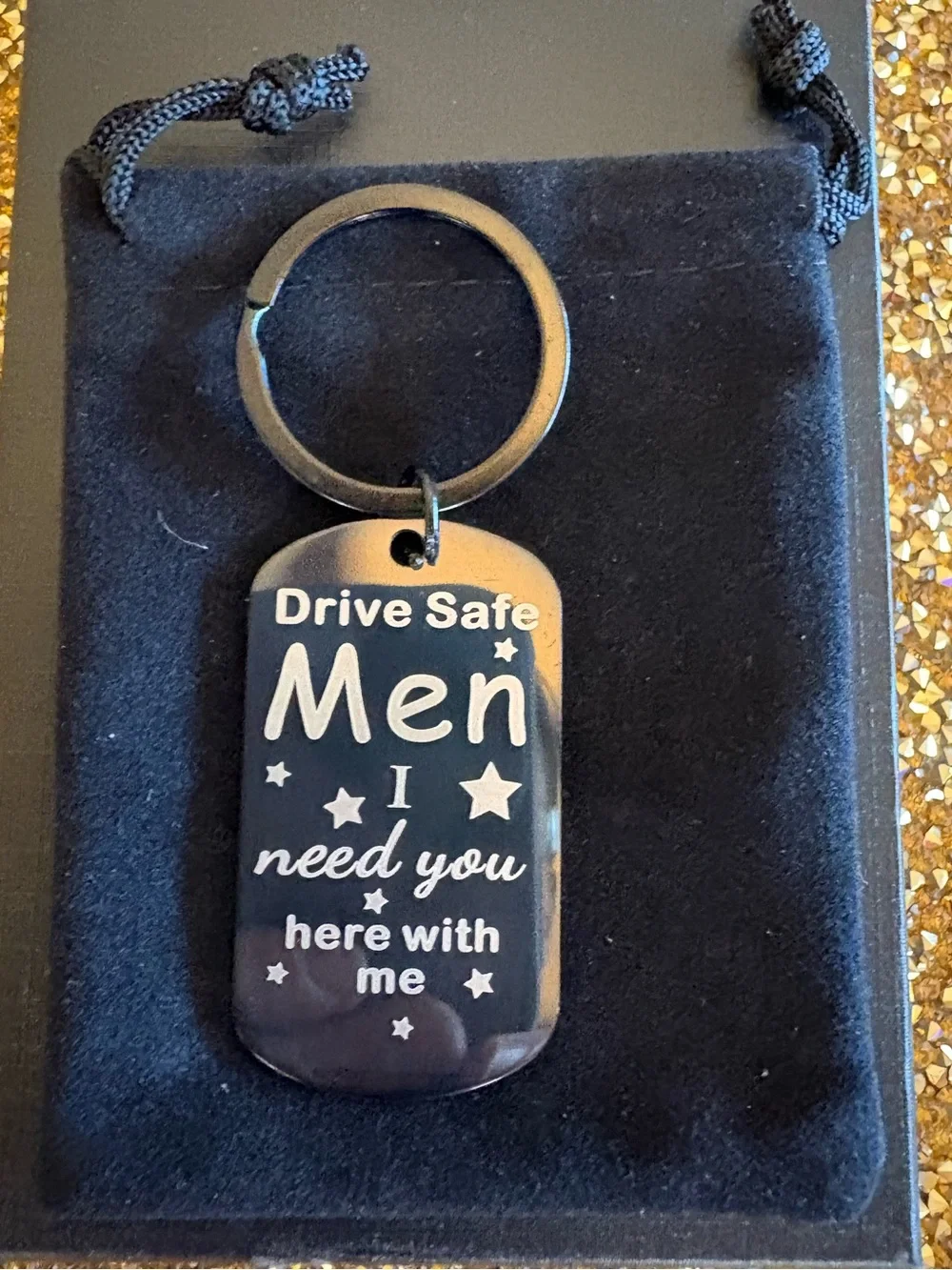 Drive Safe Men NWT  Black Stainless Steel Keychain - Sentimental Message